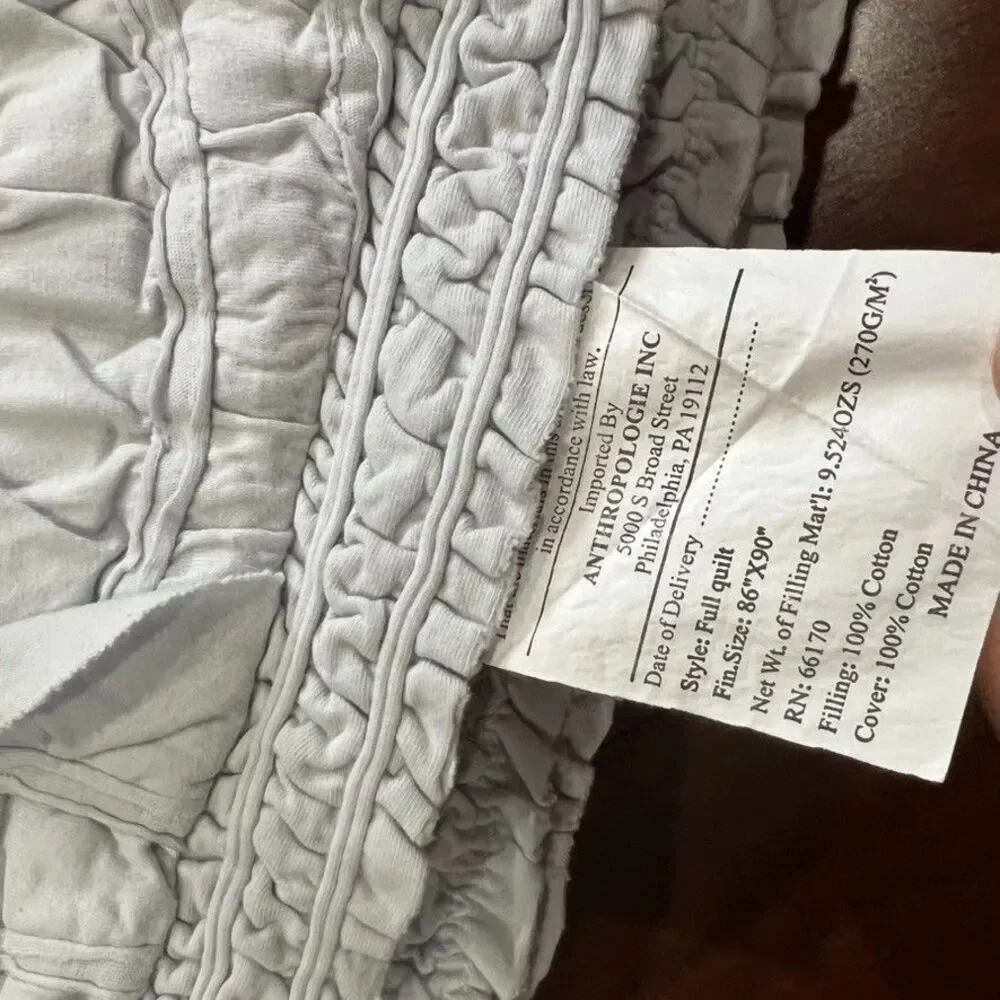 Anthropologie Rivulets Tufted Full Quilt Set Grey Ruched Ruffles